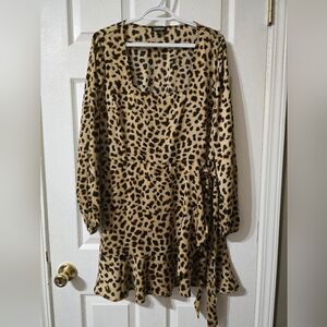 Express Leopard Print Ruffle Hem Wrap Front Mini Dress, Square Neckline, EUC!